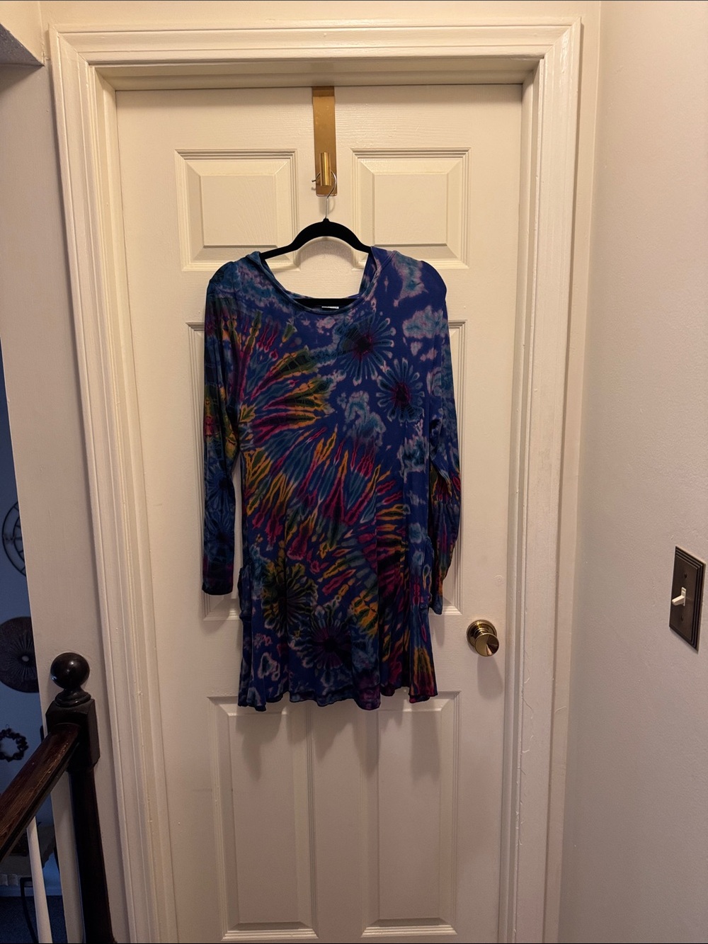 Women's Blue Tie-Dye Long Sleeve Tunic Top with Multicolor Accents